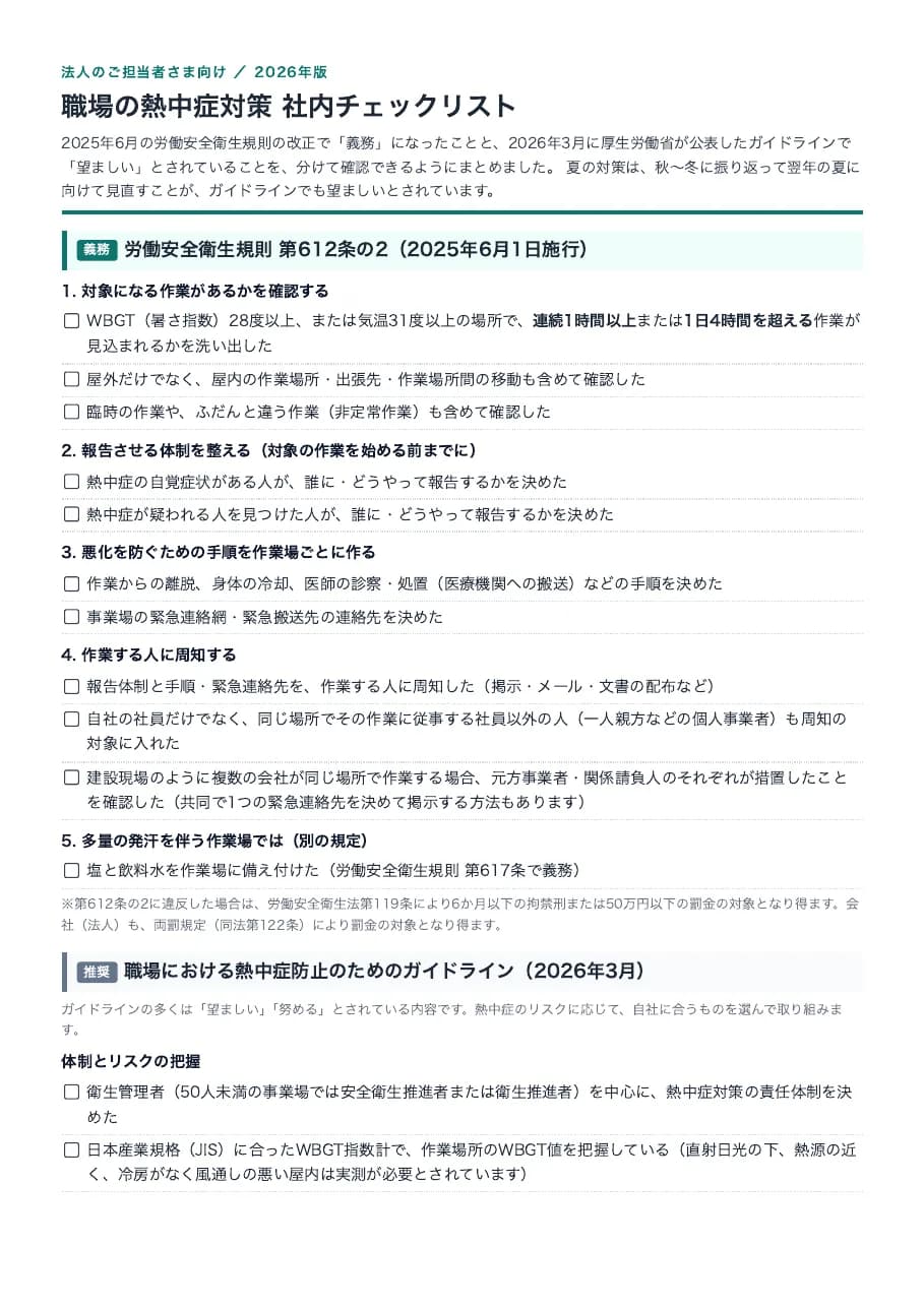 職場の熱中症対策 社内チェックリストの見本
