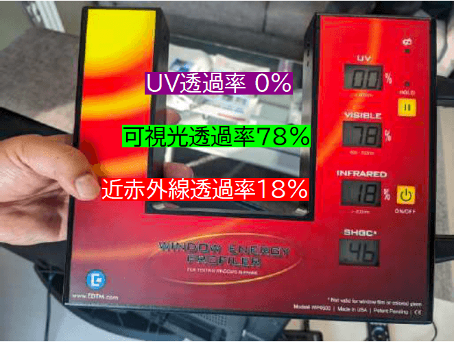 施工後の測定風景:UV透過率0%、可視光透過率78%、近赤外線透過率18%