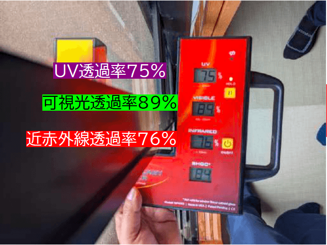 施工前の測定風景:UV透過率75%、可視光透過率89%、近赤外線透過率76%